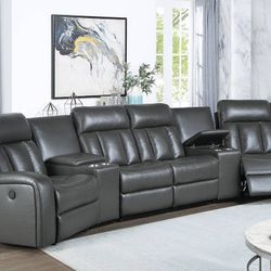 Brand New Grey Leather Theater Style Reclining Sectional Sofa