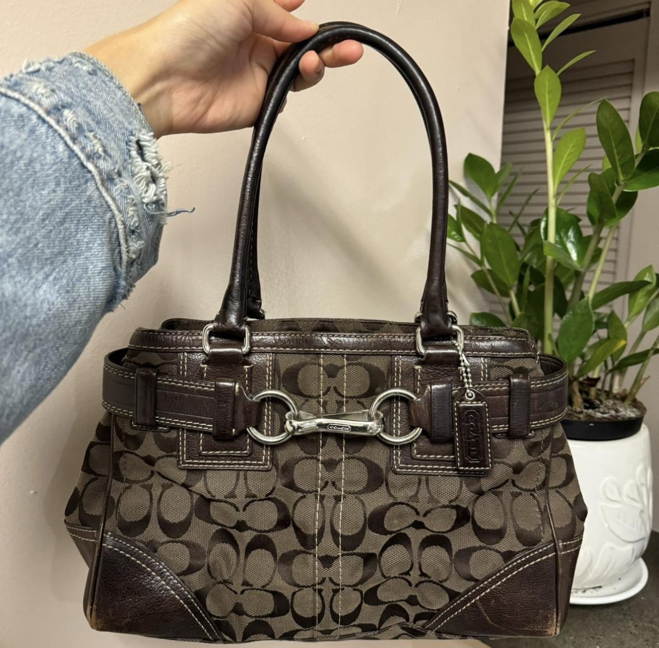 Coach Hampton Signature Jacquard Handbag Satchel Chocolate Brown 10245