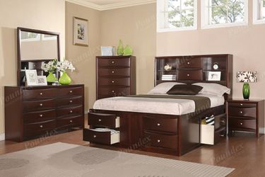 Brand new dark cherry queen storage bed frame only