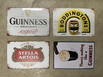 Metal Beer Signs Lot - Guinness, Stella, Boddingtons