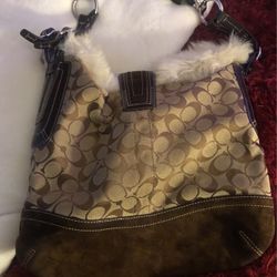 Coach Vintage Canvas Suede Leather Faux Fur Bucket Brown Khaki 