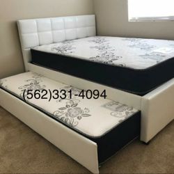 FULL/TWIN WHITE TRUNDLE BED W. ORTHOPEDIC MATTRESSES INCLUDED 
