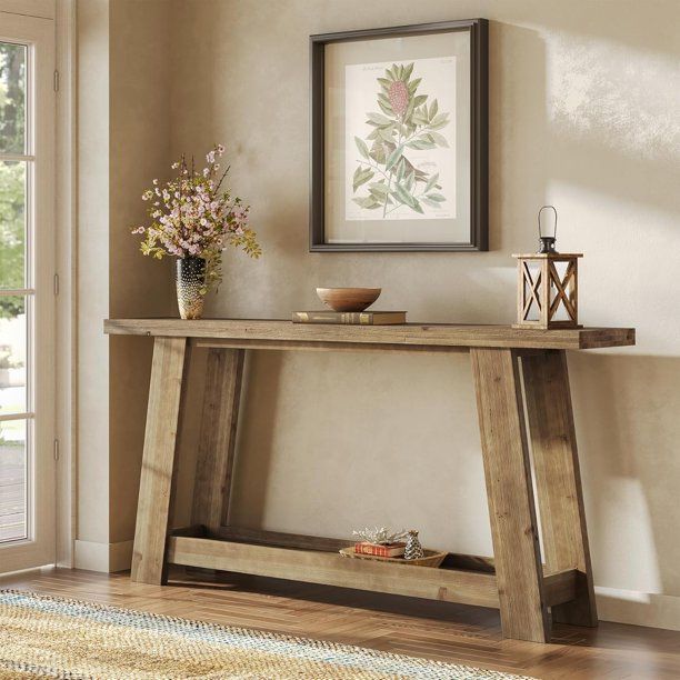 Farmhouse Solid Wood Entryway Table, 63-Inch Console Table with 2-Tier Shelf