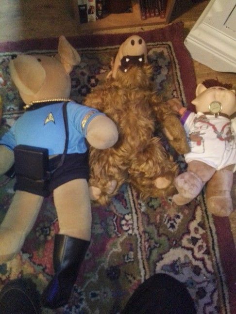 Spock Teddy Bear Doll,Alf ,And A Cabbage Patch Cat Doll