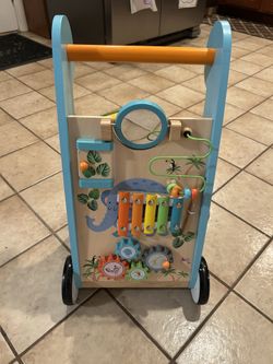 Teamson Kids Preschool Play Lab Wooden Baby Walker and Activity Station, Natural/Blue