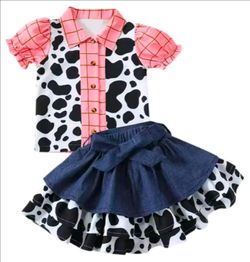 Western Cowgirl Costume Baby Girl Denim Outfit Cow Print Tops Plaid Print Shirt with Jeans Skirt Set