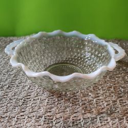Vintage Fenton Hobnail Opalescent Moonstone Handled Dish 

