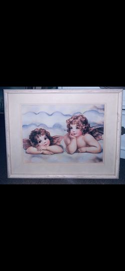 Large Vintage Beautiful White Wood Framed Double Angel Picture Art Decor! 