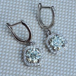 New 2ct (1ct each) Moissanite Round Cut Drop Earrings 925 Sterling Silver With Certificate.