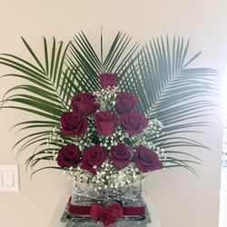Stunning  Red Roses Arrangement with Palm Fronds