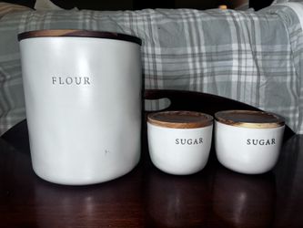 3-Piece Ceramic Flour and Sugar Canister Set with Wood Lids