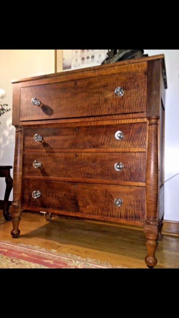 Antique 1800s Empire Sheraton Tiger Maple Chest Dresser With
