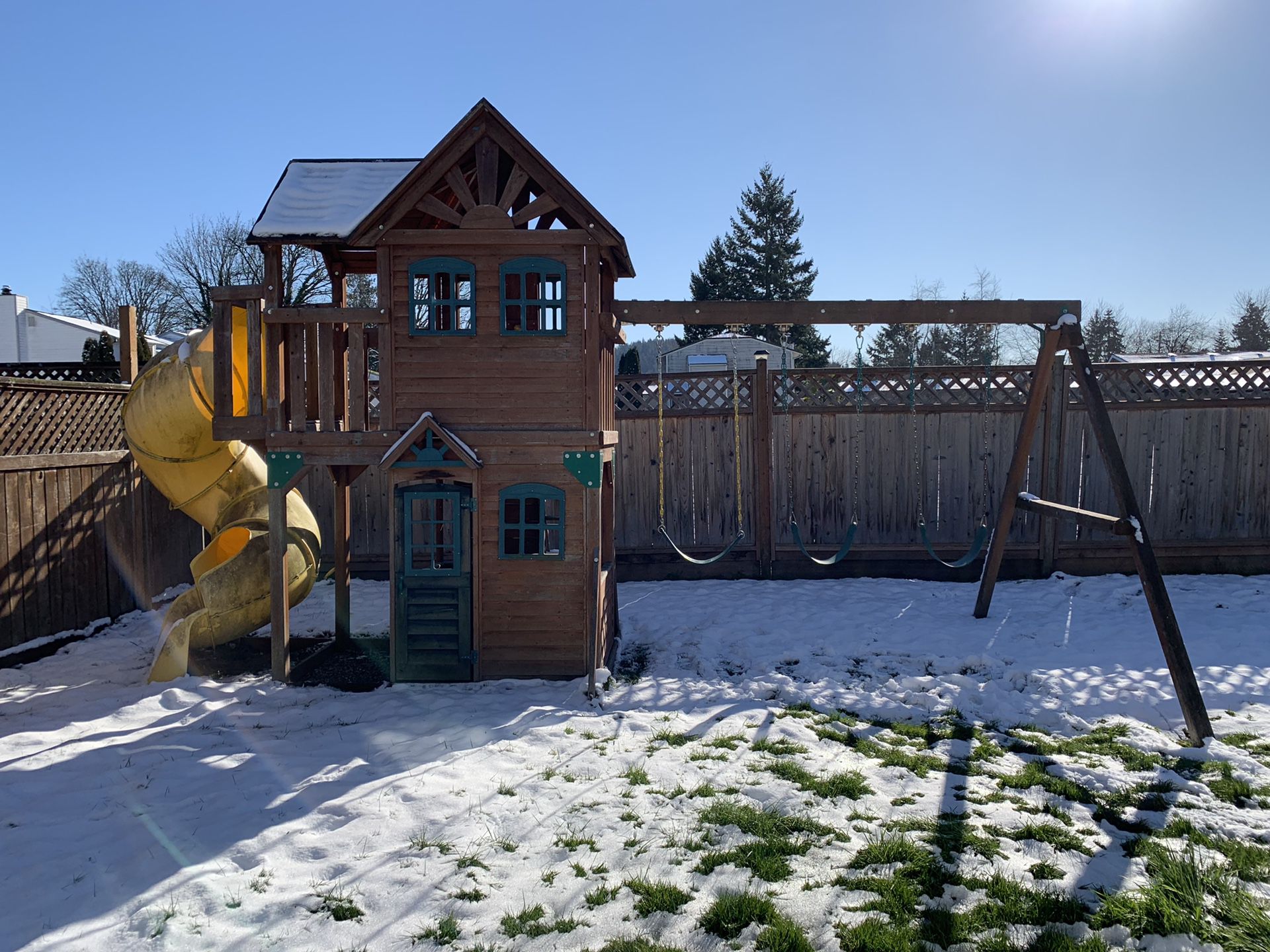 Outside swing set/playhouse with slide