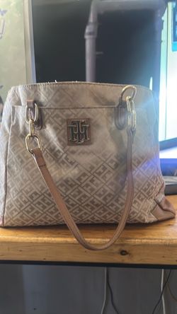 Tommy Hilfiger TH Monogram Tote Bag - Tan/Brown Jacquard Canvas (Excellent Condition)