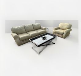 Beige Leather Couch and Sofa Chair