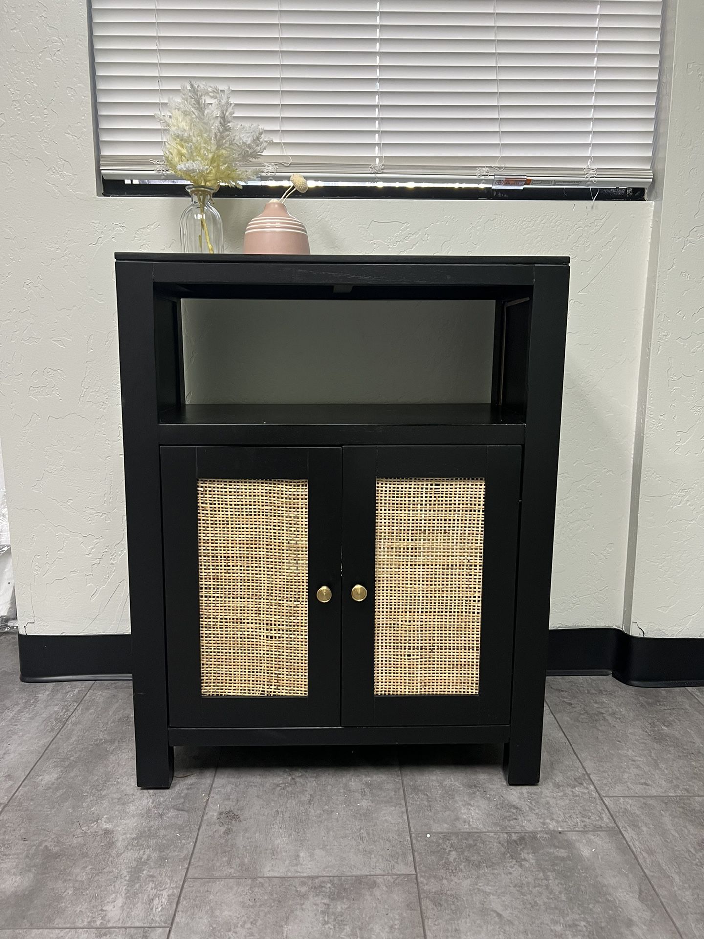 Black Accent Cabinet With Tan Rattan Doors