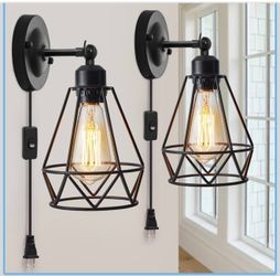 2 Pack Industrial Wall Sconce Lights Black Metal Cage Plug In Adjustable