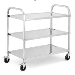 3 Tier Heavy Duty Trolley Rolling Cart, Stainless Steel Utility Cart with Handle and Locking Wheels, for Kitchen, Restaurant, Hospital, Laboratory and