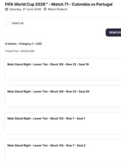Cat 1 / Colombia - Portugal / 4 tickets Fifa26 World Cup