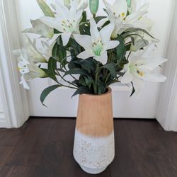 Faux Flower Arrangement – White Lilies in Natural Wood Vase
