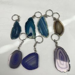 (7) Natural Agate Slice Keychains – Blue & Purple Crystal Stone Key Rings