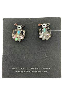 Vintage Sterling Silver Zuni Thunderbird Earrings Turquoise~Onyx~MOP Inlay Turquoise