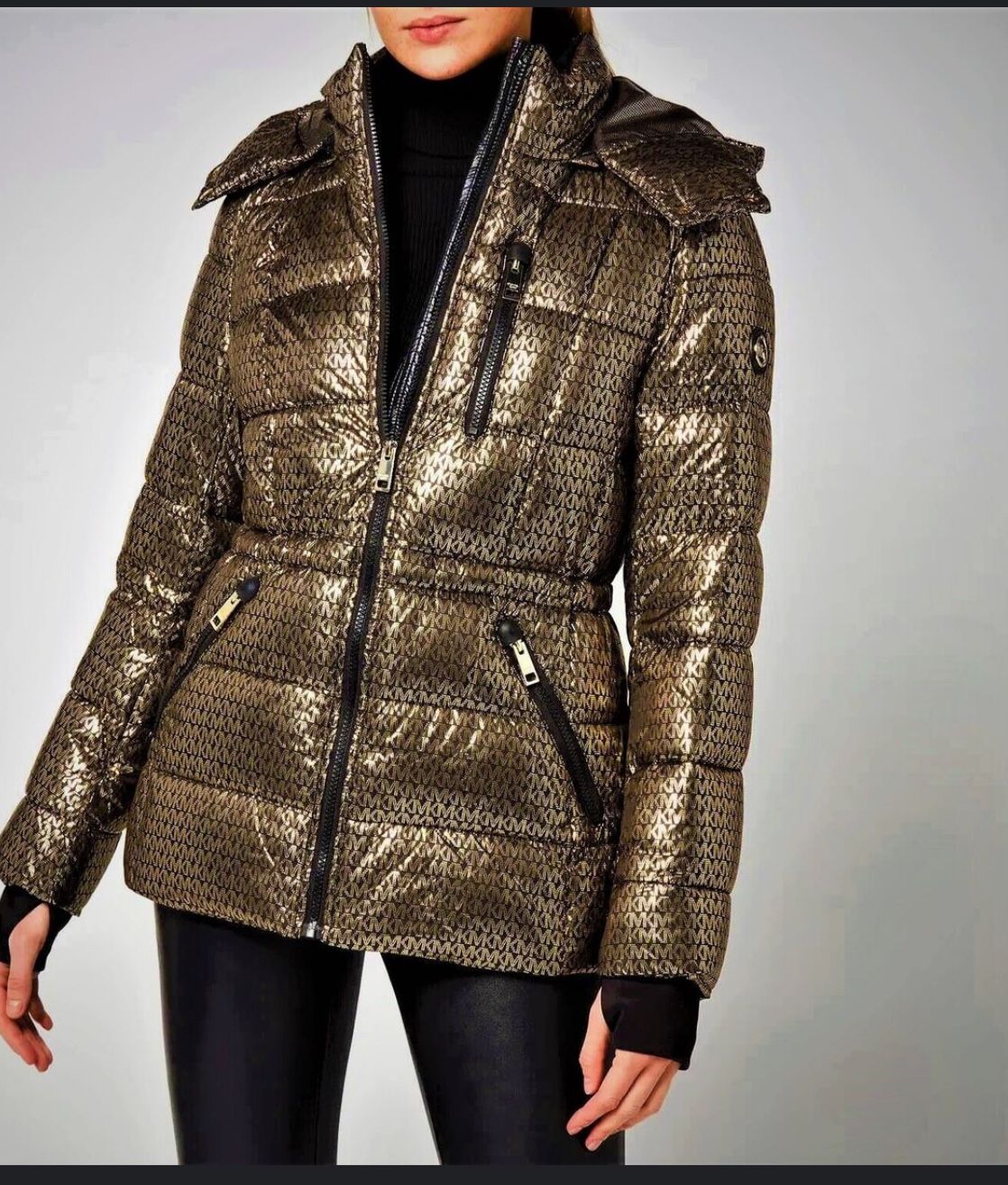 NEW MICHAEL Michael Kors Metallic Foil Print Puffer Jacket Size XL