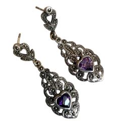 Sterling Silver 925 Marcasite Heart Amethyst Drop Earrings