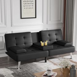 2-Sofa Bed Modern Folding (Faux Leather, Black)
