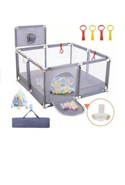 Grey Baby Playpen with Ball Pit and Basketball Hoop
