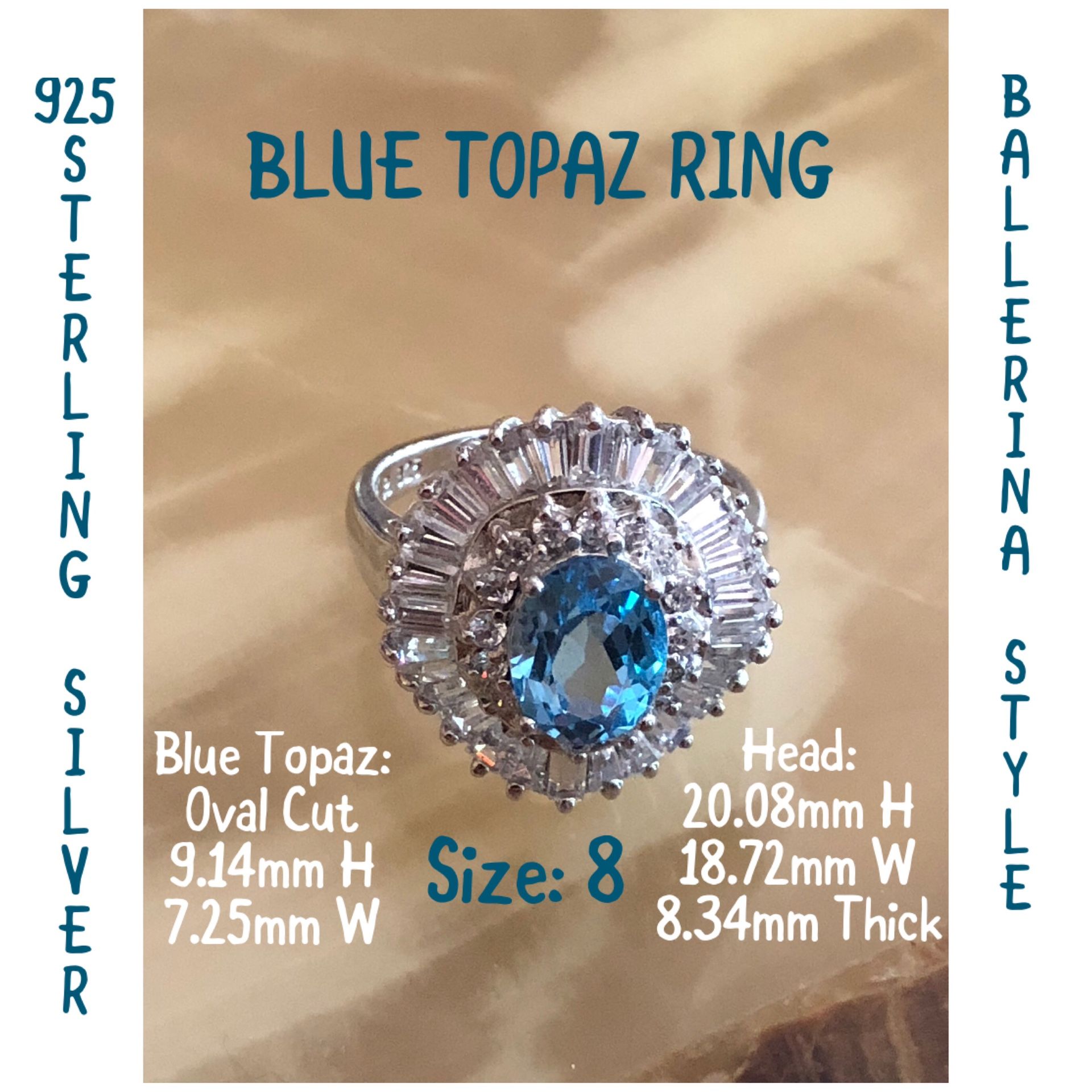925 STER Silver Blue Topaz Ballerina Ring Size 8