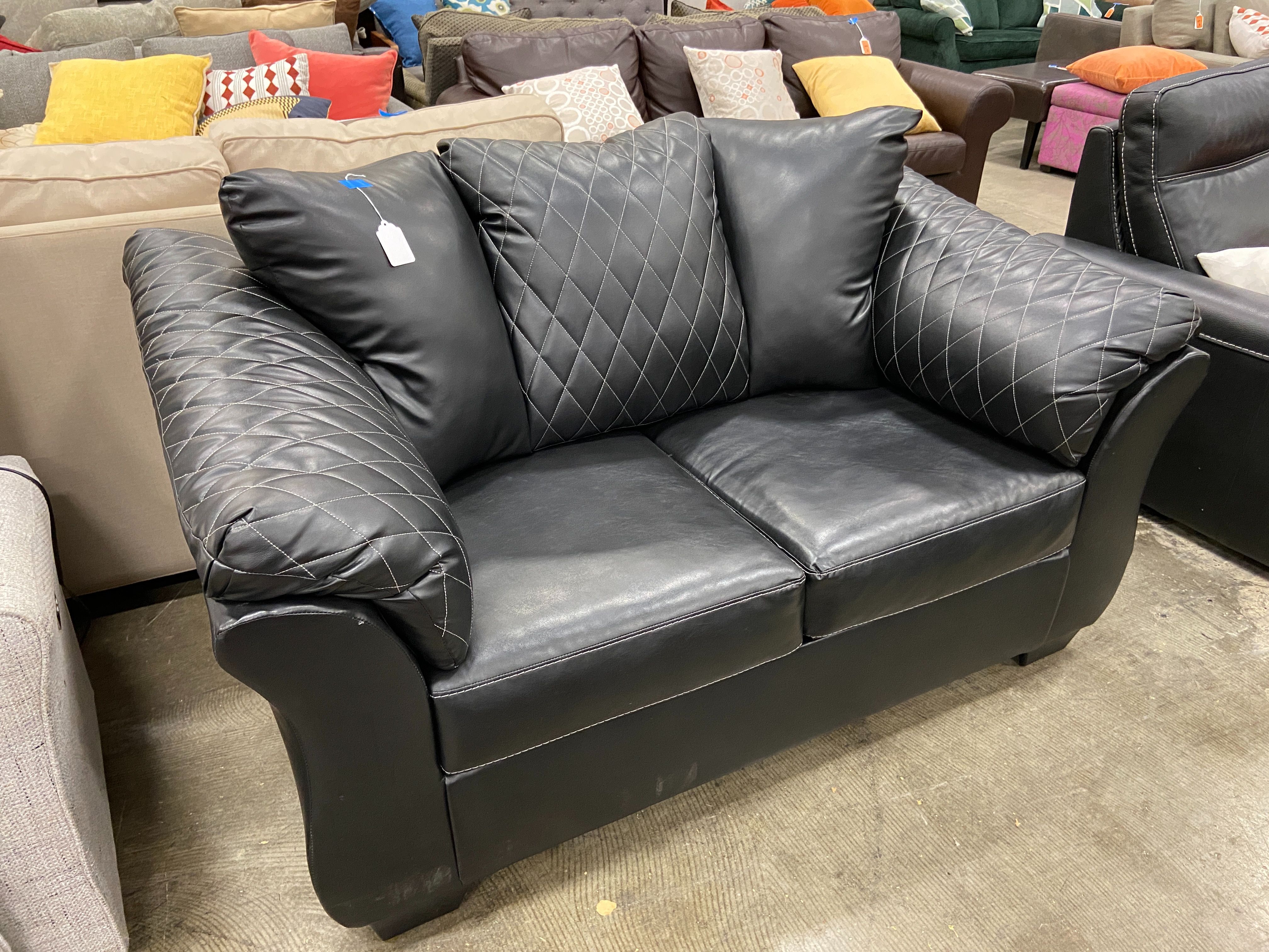 Black Faux Leather Loveseat with Diamond Stitched Design