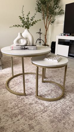 Nesting Coffee Table Set of 2 – Round Marble Top + Black Metal Frame – Modern