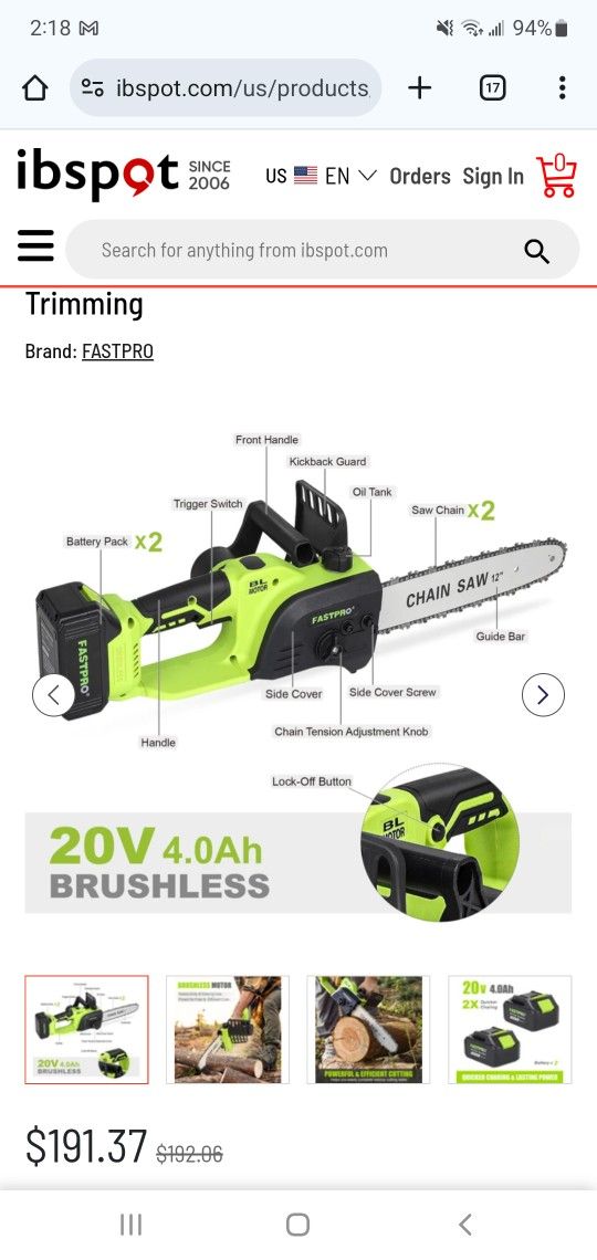 FASTPRO 12" Cordless Chainsaw, 20V 4.0Ah Brushless Chain Saw $65