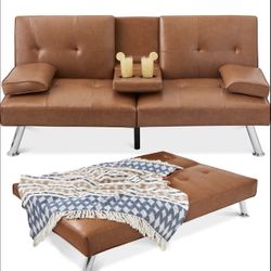 Convertible Futon Sofa with Cup Holders – Brown