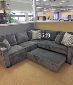 Beautiful! 3-Pc Dark Gray Convertible Sectional Sofa W/ Storage, Pullout Bed, And USB Port