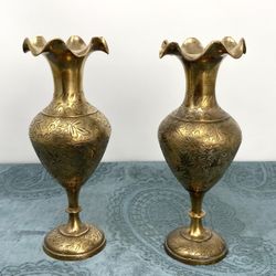 Pair Of 9” Vintage Etched Brass Vases