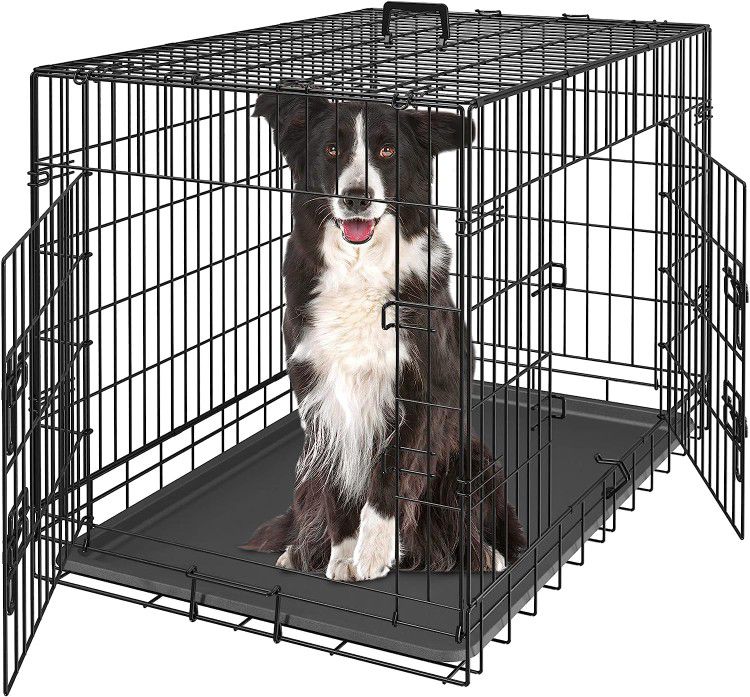36 Inch Dog Crate Double Door Folding Metal Dog or Pet Crate Kennel with Tray and Handle
