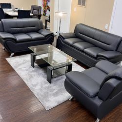 Black faux leather 3 piece sofa set | Sofa + Loveseat + Chair