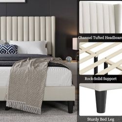 Queen Size Bed Frame New Bed Tufted Upholstery Linen Platform Bed Frame 