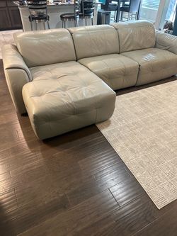 Light Gray High Grain Thick Leather Sectional Sofa with Chaise & Power Recliner.