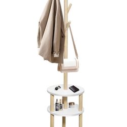 Brand New Freestanding Wooden Coat Rack – White Entryway Stand with 6 Hooks & 3 Storage Shelves