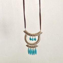 Long bohemian statement necklace w/ large hammered gold and turquoise pendant