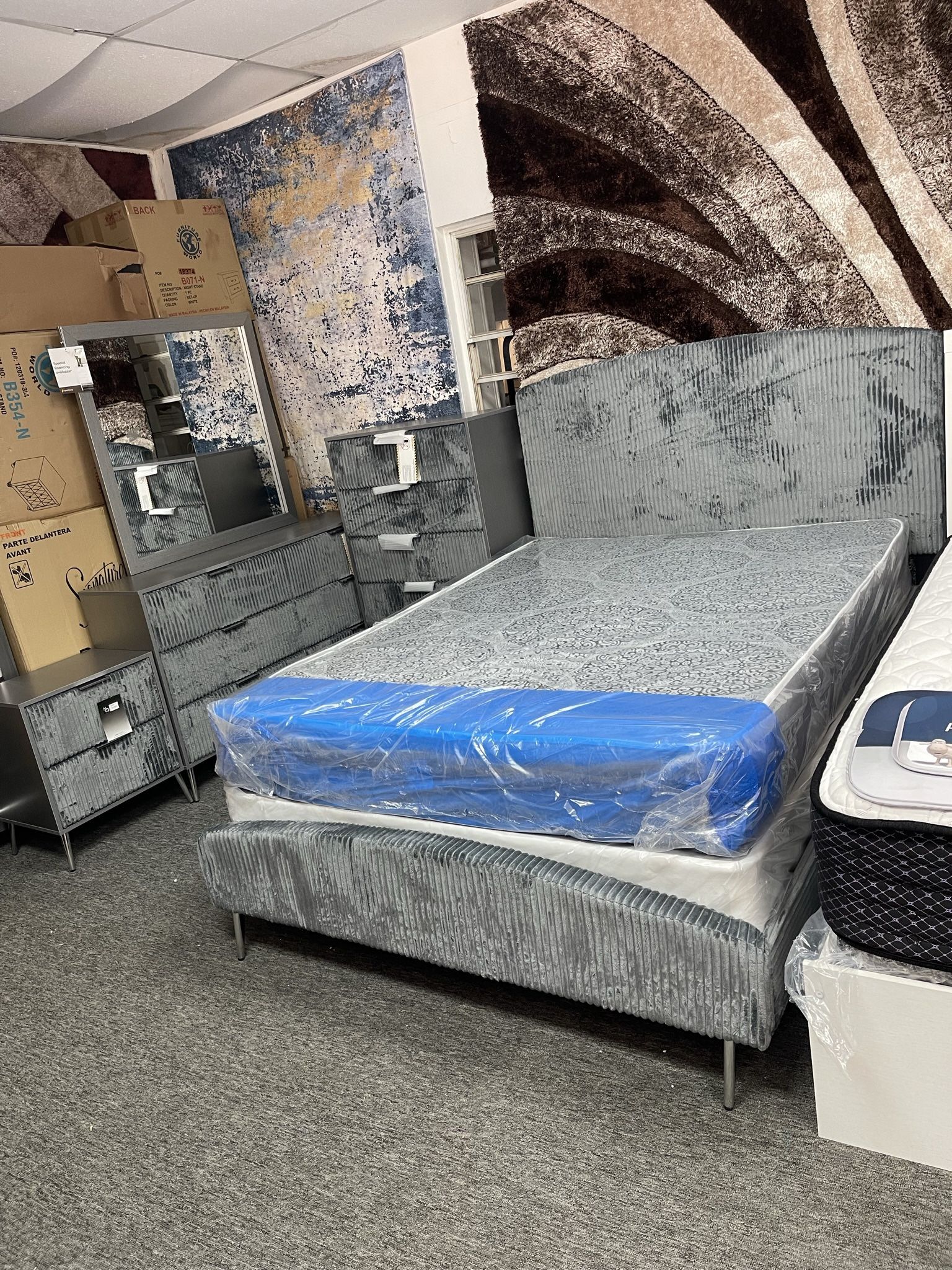 Summer Sales: New Gray Velvet Queen Bedroom Set For $950