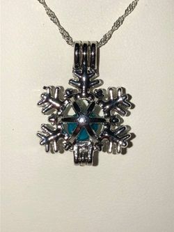 NEW Silver Plated Snowflake charm with a light blue rice pearl with 20 inch Sterling Silver chain .