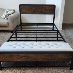 Full Size Rustic Style Steel and Wooden Bed Frame with Headboard, Footboard/Upholstered Ottoman Storage