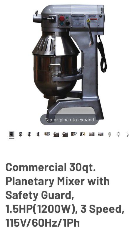 Commercial 30qt.
Planetary Mixer with
Safety Guard,
1.5HP(1200W), 3 Speed,
115V/60Hz/1Ph