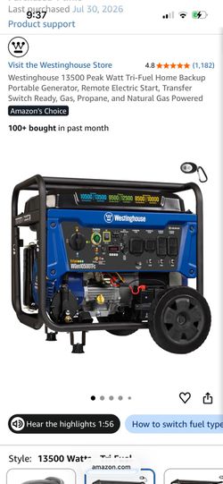Westinghouse WGen10500TFc tri-fuel portable generator with 13,500 peak watts