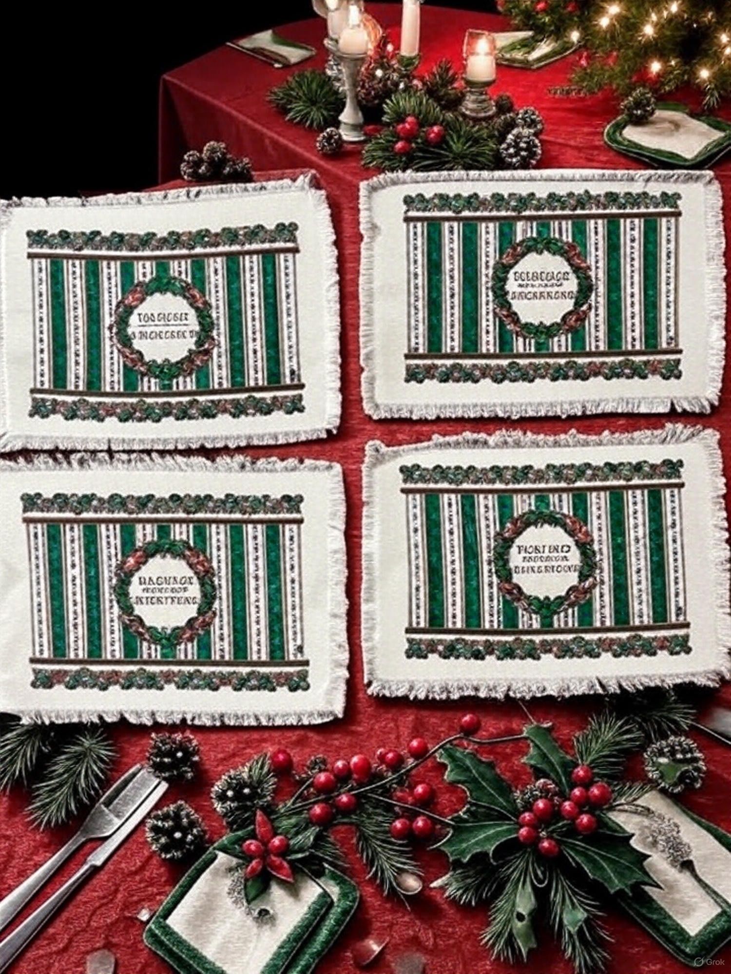 Vtg Poinsettia Christmas Placemats Set of 4 Beige/Green Wicker with Fringe, Sz 13x17