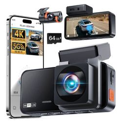 Dash Cam Front and Rear: 4K+2.5K Dash Camera for Cars Free 64GB Card 5.8GHz WiFi, Touch Screen, Night Vision, 170°Wide Angle, App Control, Loop Record